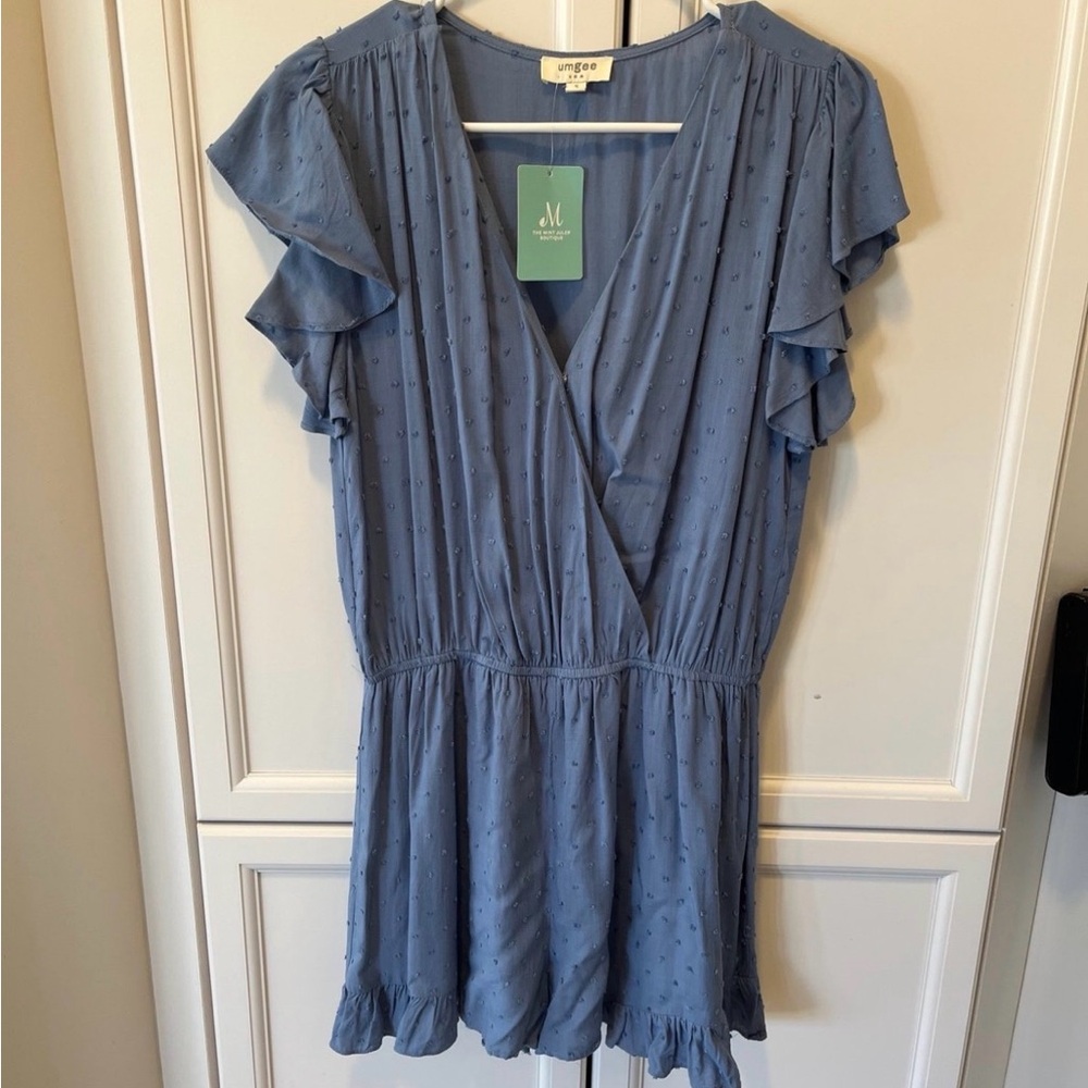 Umgee Light Blue Swiss Dot Ruffle Sleeve Romper